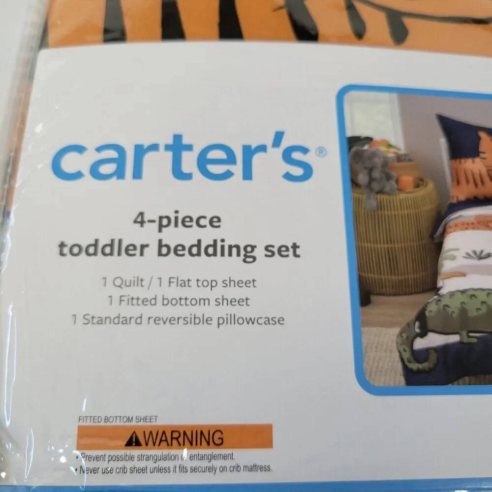 Carters 4pc Toddler Bedding Set Jungle Animal Tiger Elephant Safari Zoo Navy Tan